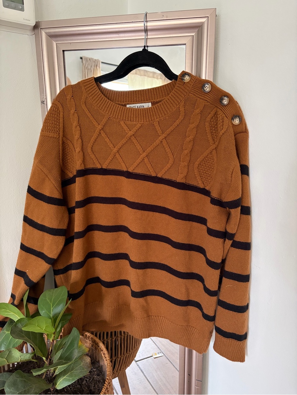 Grace Karin XL Brown Striped Cable Knit Sweater Button Shoulder Preppy